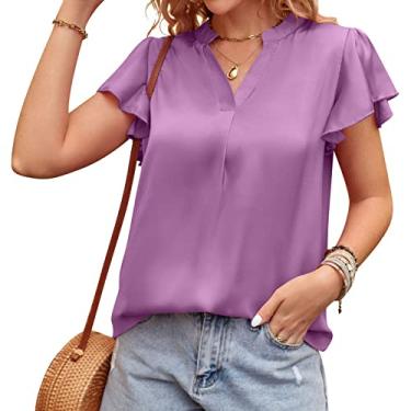 Imagem de Blusa feminina casual de manga curta, camiseta com gola em V para o verão, lisa, com babados, manga de trabalho, roxo, P (busto: 97 cm)