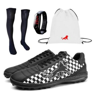 Imagem de Chuteira Society Masculina + Meião + Bolsa Branco + Relógio-Masculino