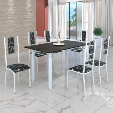 Imagem de Conjunto Sala de Jantar Bahia Mesa Tubo 140x75cm Tampo Pedra Ardósia Indiana com 6 Cadeiras Preto Floral/Branco