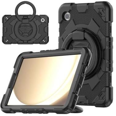 Imagem de Capa para Samsung Galaxy Tab A9 de 8,7 polegadas versão 2023 SM-X110/X115 capa macia de silicone de três prevenção resistente à prova de choque com suporte embutido alça de mão de 360° para capa A9 (preto)