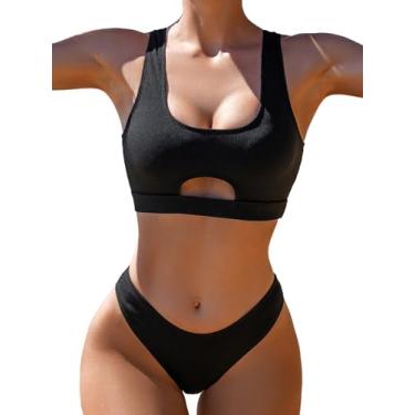 Imagem de BEAUDRM Conjunto de biquíni feminino de 2 peças com recorte liso, gola redonda, conjunto de triângulo de corte alto, roupa de banho roupa de banho roupa de praia, Preto, M