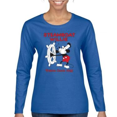 Imagem de Camiseta feminina Steamboat Willie Vibing Since 1928 manga longa icônica retrô desenho mouse atemporal clássico vintage Vibe, Azul, M