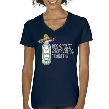 Imagem de Camiseta feminina My Spirit Animal is Tequila gola V Cinco de Mayo Drinking Tee, Azul-marinho, XXG