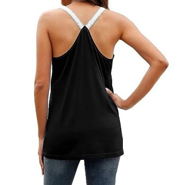 Imagem de Camiseta feminina de renda, estampada, para treino, plus size, sem mangas, Y2K, blusa de verão, boho, colete formal, Preto, GG