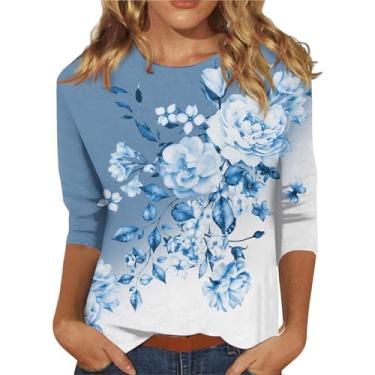 Imagem de Camisetas femininas de manga 3/4 com estampa floral 2024 camiseta casual macia túnica moderna blusa básica leve, Azul-celeste, M