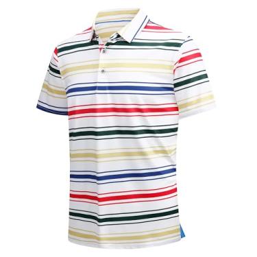 Imagem de SAMERM Camisas polo masculinas de golfe de manga curta com ajuste seco e absorção de umidade para homens, Polo listrado multicolorido, M