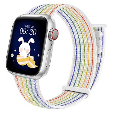 Imagem de SMARTVIN Pulseira para Apple Watch para crianças, compatível com Apple Watch Series 7/6/5/4/3/2/1/SE 38 mm, 40 mm e 41 mm, pulseira de substituição esportiva de nylon macio respirável para meninos e meninas, pulseira de substituição para meninos e meninas, arco-íris branco