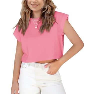 Imagem de Haloumoning Camisetas femininas de manga curta cropped manga enrolada gola redonda sólida solta camisetas básicas para o verão, rosa, 13-14 Anos