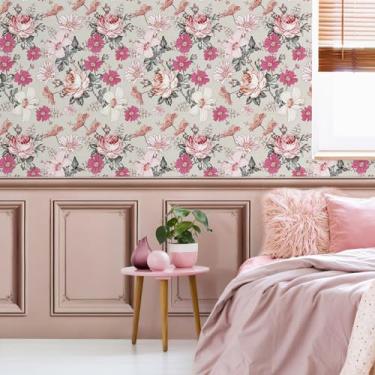 Imagem de Zeeko Papel de parede floral boho papel de parede multicolorido margarida peônia autoadesivo removível papel de parede papel de contato para decoração de parede de cozinha quarto 45 cm x 3 m (rosa)