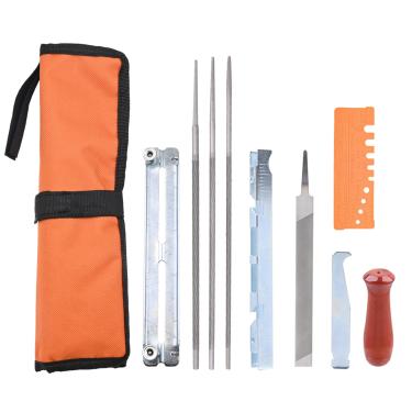 Imagem de Aulavik Kit de arquivo de afiador de motosserra com arquivo plano de 15 cm, medidor de profundidade, suporte de guia de arquivo, cabo de madeira, medidor de inspeção rápida e lixas redondas de