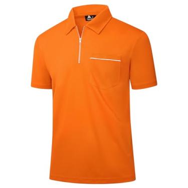 Imagem de ZITY Camisa polo masculina, casual, clássica, leve, de manga curta, gola de golfe com bolso, Laranja, 3G
