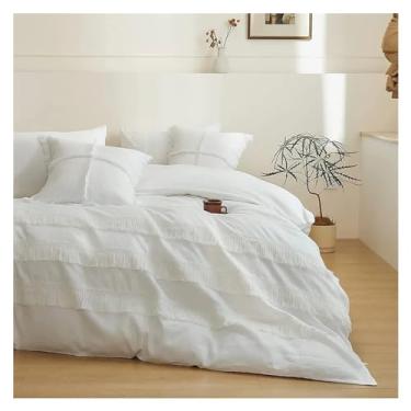 Imagem de Jogo de cama boho de linho algodão 3 peças com borla lavada queen size lençol de edredom respirável, lençóis de cama (2 king)