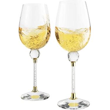 Imagem de Taças de vinho cravejadas de diamante com strass 473 ml - Conjunto de 2 - haste longa de 25 cm de altura, taças de casamento de vinho espumante cortadas a ouro e laser, cristal elegante - para todos