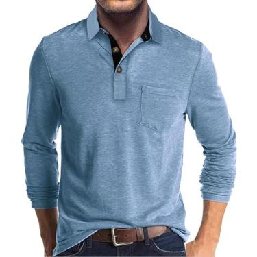 Imagem de Camiseta masculina de manga comprida com lapela, camisa polo masculina, camisa base outono e inverno, top polos, Azul bebê, G