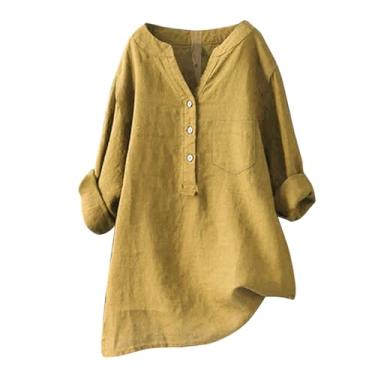 Imagem de Camiseta feminina de linho Henley Pocket Blusas Plus Size manga longa cor sólida verão túnica, Amarelo, M