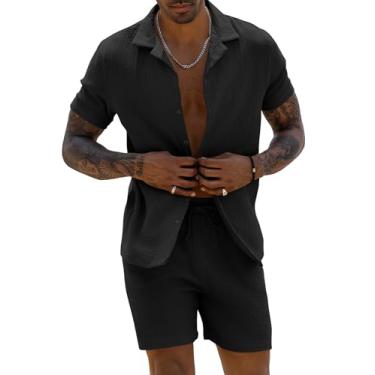 Imagem de URRU Conjunto masculino de linho 2024 moda verão manga curta camisa e shorts roupa praia tropical férias, Preto, M