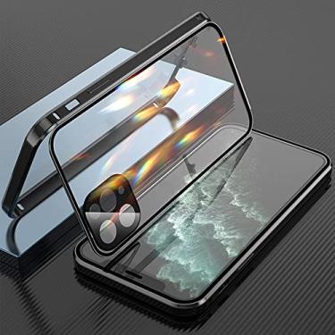 Imagem de YEXIONGYAN Capa magnética para iPhone 14/14 Plus/14 Pro/14 Pro Max vidro temperado dupla face com protetor de câmera à prova de choque de alumínio 360 coberto por tela inteira (preto, iPhone14 Plus)