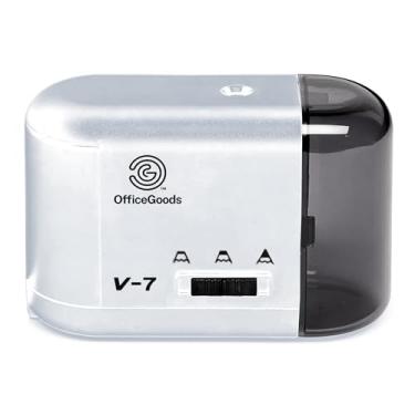 Imagem de OfficeGoods Apontador de lápis elétrico – Afiador portátil alimentado por bateria ou cabo – Afia perfeitamente lápis de cor, lápis de desenho para crianças, adultos, escritório, escola e casa - prata