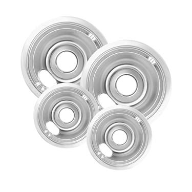 Imagem de Pacote com 4 formas cromadas para gotejamento de cooktop, compatíveis com fogão GE Hotpoint. Inclui 2 peças de pastilhas de substituição de 15 cm e 2 peças de formas de gotejamento de 20 cm para fogão elétrico