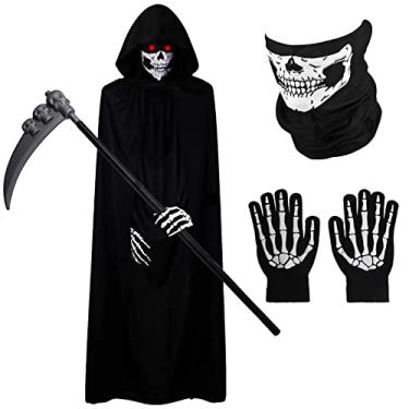 Imagem de Xplanet Fantasia masculina de morte de terror para adultos, conjunto de fantasia de ceifador de Halloween – Roupão com capuz, máscara de caveira, luva, foice incluída