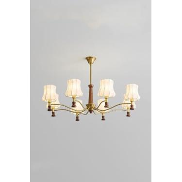 Imagem de Lustre Sputnik moderno de metal dourado vintage cilíndrico decoração de madeira luz pendente de tecido rodado meados do século luz suspensa para sala de estar