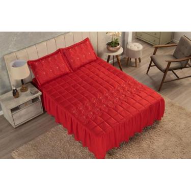 Imagem de Colcha Casal  Com Babado  Cobre Leito Padrão Bordada MATELASSE  03 Peç