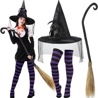 Imagem de ramede 3 peças de chapéu de bruxa de Halloween com véus, vassoura de bruxa, roxo, nylon, listrado, meia-calça para adultos, mulheres, festa, carnaval, acessórios de cosplay, Principalmente preto e
