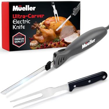 Imagem de Mueller Faca elétrica Ultra-Carver para fatiar carne, faca de esculpir peru, fatiador de pão, espuma de artesanato, lâminas de aço inoxidável, motor potente, cabo ergonômico, garfo de servir incluído,