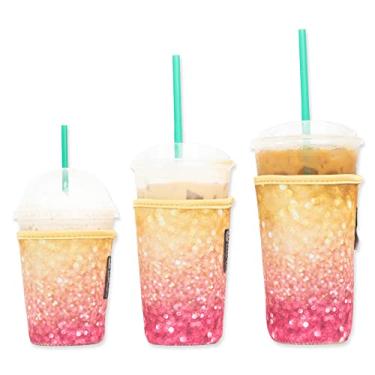 Imagem de Manga de café gelado Baxendale para copos de bebidas frias – Pacote com 3 – Mangas de neoprene para bebidas frias reutilizáveis – Compatível com Starbucks, Dunkin (3 pacotes Sm-Med-Lg, Gold/Pink Glitter)