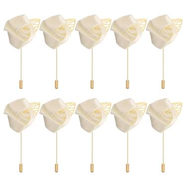 Imagem de PATIKIL Boutonnieres de rosa, pacote com 24 boutonnieres de casamento para noivos bolso feito à mão flor lapela broche para homens cerimônia de casamento festa de formatura, creme