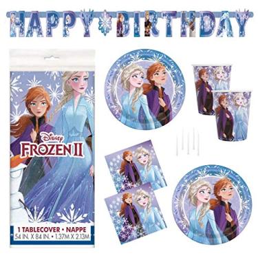 Imagem de Conjunto de 2 suprimentos de festa Frozen – Serve 16 – Inclui decoração de banda, capa de mesa, pratos grandes, guardanapos, copos e velas