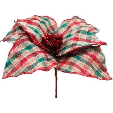 Imagem de Kit 4 Flores Artificiais Xadrez Gliter Artesanal Natal 30cm