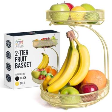 Imagem de Cesta de frutas de 2 camadas, tigela de frutas para balcão de cozinha para armazenamento de frutas e vegetais, cesta de frutas para balcão de cozinha, tigela de frutas com cabide de banana, cesta de