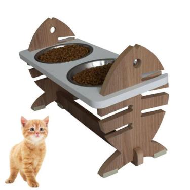 Imagem de Comedouro Elevado Duplo Gato Pet MDF Espinha de peixe Regulagem Altura