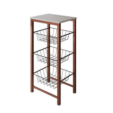 Imagem de Fruteira de Chão Cozinha Montada Aço Cobre Tampo Branco Cesto Preto Ro