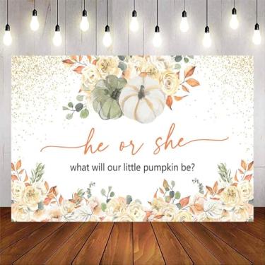 Imagem de VanillaBay Abóbora pano de fundo revelador de gênero 2,1 x 1,5 m ele ou ela outono abóbora chá de bebê cenários de outono revelar decorações de festa fundo fotográfico