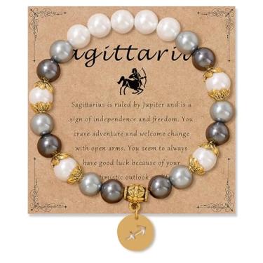 Imagem de Pulseira de signos do zodíaco, pulseira do zodíaco para mulheres e homens, ajustável, 12 constelações, pulseira elástica com contas brancas e cinzas, pulseira elástica de constelação, joias de