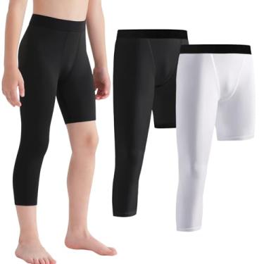 Imagem de Blaward Pacote com 2 calças de compressão para meninos, perna única, leggings 3/4 para basquete, corrida, capri esportiva, camada de base atlética, Preto direito + branco, 12-13 Anos