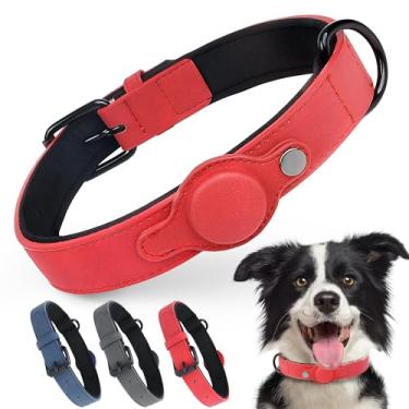 Imagem de PetiFine Coleira para cães AirTag, coleira de couro com suporte para airtag, coleira para cães Apple Air Tag acolchoada macia com fivela de metal ajustável à prova de ferrugem para cães pequenos,