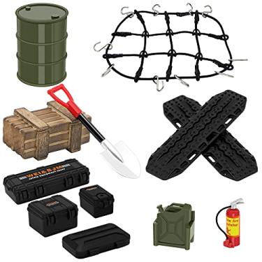 Imagem de GLOBACT 1/24 1/18 RC Crawler Accessories Car Roof Decoration Luggage Net, Recovery Board, Fire Extinguisher, Toolbox, Wood Box, Shovel for 1/18 TRX4M 1/24 Axial SCX24 (12Pcs Army Green)