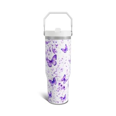 Imagem de Aokoyi Butterfly Gifts Tumbler for Women Mom, Butterflies Print Leakproof Coffee Travel Mug, Lavender 850.5 g Tumblers with Top Handle and Flip Straw Water Bottle Cup Gift Idea For Him Her