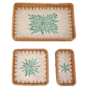 Imagem de Bandeja tecida de vime Vomeko 3 peças, bandeja de frutas de vime bandeja de frutas retangular, bandeja retangular, bandeja de armazenamento multiuso para restaurante doméstico (Folha Verde Média)