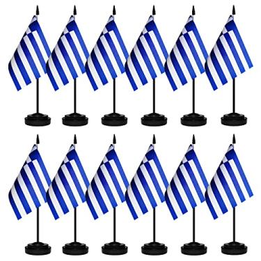 Imagem de Conjunto de 12 bandeiras de mesa da Grécia, pequenas bandeiras gregas de escritório com poste preto sólido de 30,5 cm, 8,2 x 5,5 polegadas, decoração de casa e escritório, celebrações de festivais