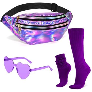 Imagem de Pochetes holográficas para mulheres e homens, pochete dos anos 80 e 90, cintura esportiva de cor metálica, bolsa de cintura moderna brilhante, Roxa