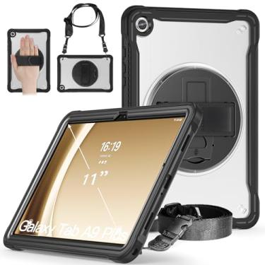 Imagem de Junfire Nova capa fina transparente para Galaxy Tab A9 Plus 11 polegadas 2023, capa rígida à prova de choque para Samsung Tab A9+ X210/X215/X216 com alça de mão e alça de ombro - preta