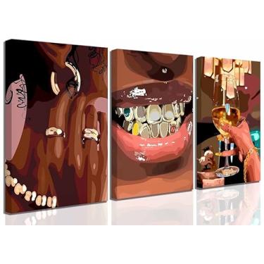 Imagem de 3 peças de arte de parede em tela para mulheres afro-americanas, brincos, colares, fotos de dentes dourados, decoração de parede, vinho, tendência, carrinho, cartaz, impressão, arte para quarto de