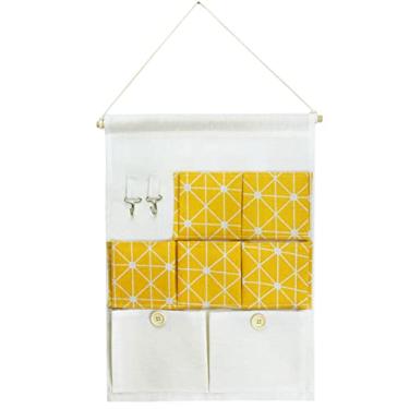 Imagem de KINGREE Bolsa de armazenamento suspensa com 7 bolsos e 2 pothook, organizador de porta de parede à prova d'água para armário de banheiro do quarto (grade amarela)