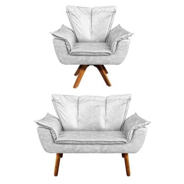 Imagem de Kit Namoradeira com 01 Poltrona Giratória Opala Couro Base de Madeira - D`Rossi