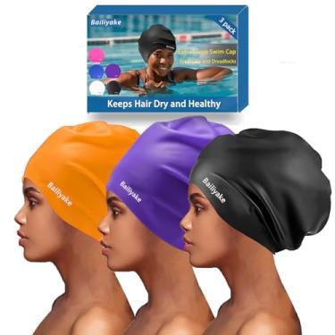 Imagem de Pacote com 3 toucas de natação extra grande para tranças e dreadlocks - Chapéu de natação de silicone impermeável para mulheres com cabelo comprido e grosso, touca de natação protetora para orelhas