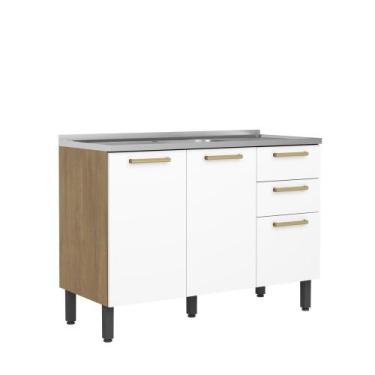 Imagem de Balcão com Pia 3 Portas 2 Gavetas Axé Bertolini, Branco/Carvalho